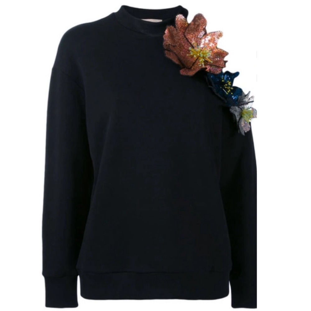 FLORAL-EMBELLISHED COLD-SHOULDER SWEATSHIRT IN BLACK, SIZE XS - Picture 4 of 4